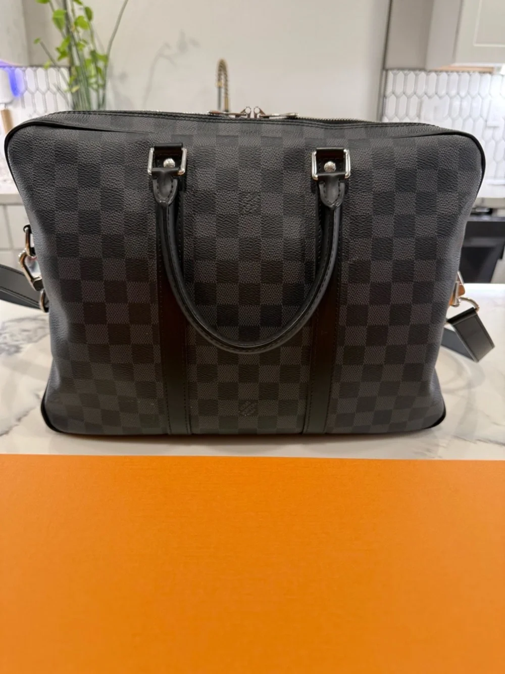 Men's Checkered Briefcase Messenger Bag - Black